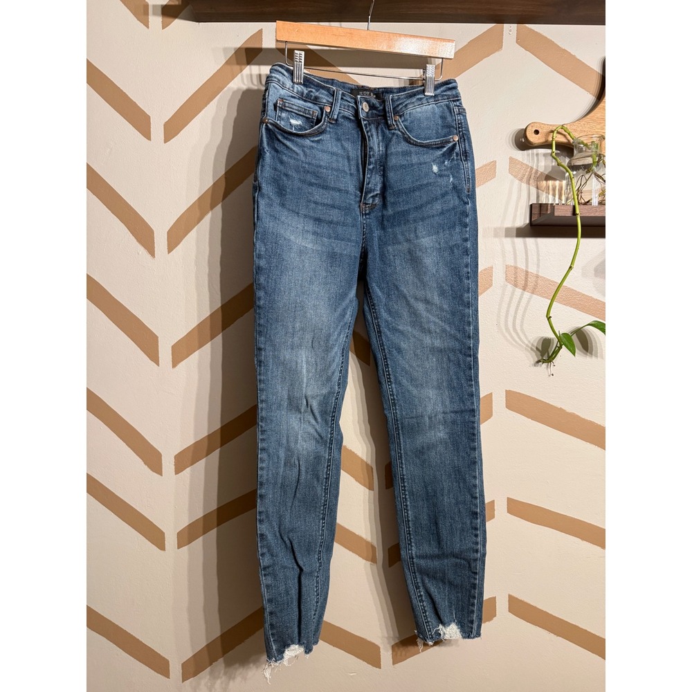 Judy Blue Skinny Jeans Womens 7/28 Blue High Rise Distressed Raw Hem Denim